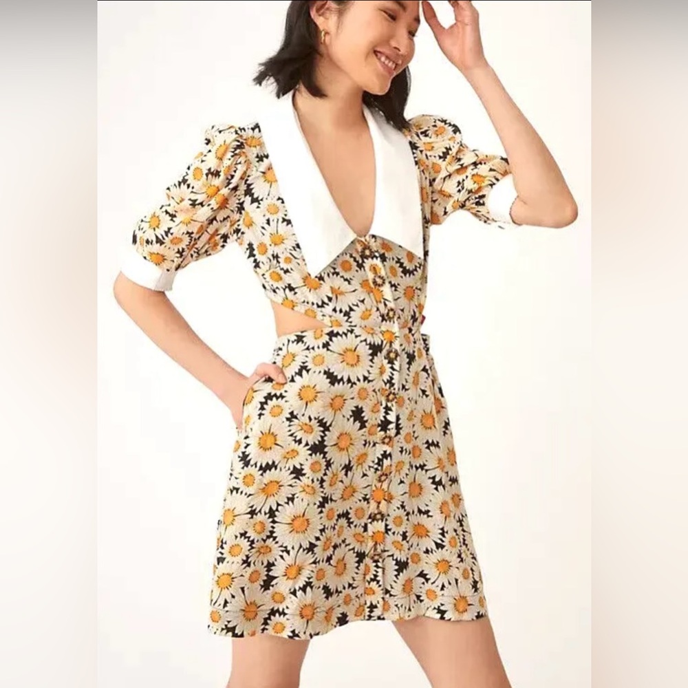 Anthropologie Maeve Puff Sleeve Gingham Cutout Mini Dress